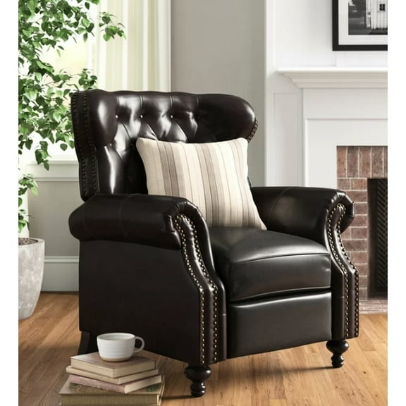 Dark Brown Recliner Chair With Contemporary Button Stitch And Nailhead Trim Pu Reclining Elegant Accents Button-