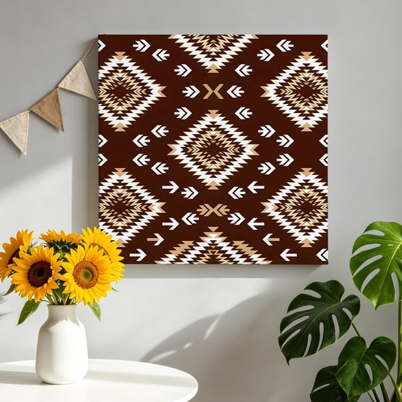 Dark Brown Rectangle Canvas Wall Art, Tribal Retro Classic Geometric Abstract Framed Canvas Wall Decor Picture Print Artwork Decorations for Living Room Office Ready to Hang 8" x 8"