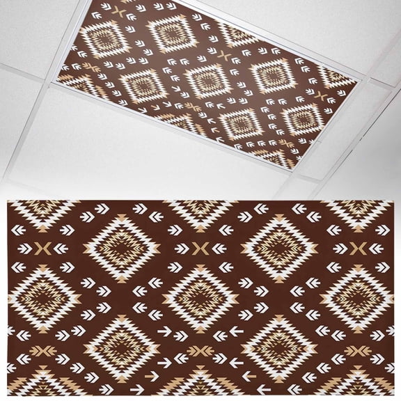 Dark Brown Rectangle Fluorescent Light Covers Tribal Retro Classic Geometric Abstract Magnetic Light Filters Ceiling Lighting Panel Shade for Classroom Office Home 2 x 4 ft, 1 Pack