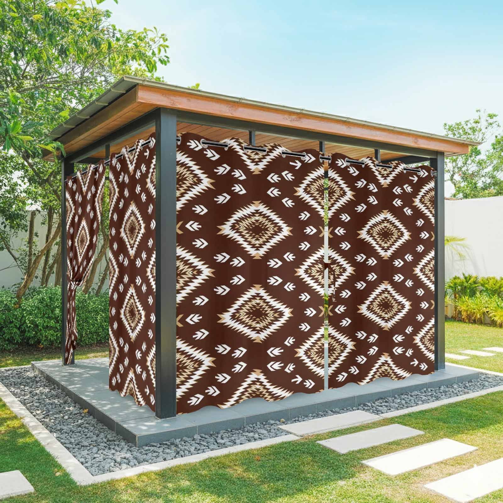 Dark Brown Rectangle Outdoor Curtains for Patio, Tribal Retro Classic Geometric Abstract Sunshade Privacy Drapes Grommet Waterproof Outside Curtains for Porch/Cabana/Balcony 54"x 108", 1 Panel