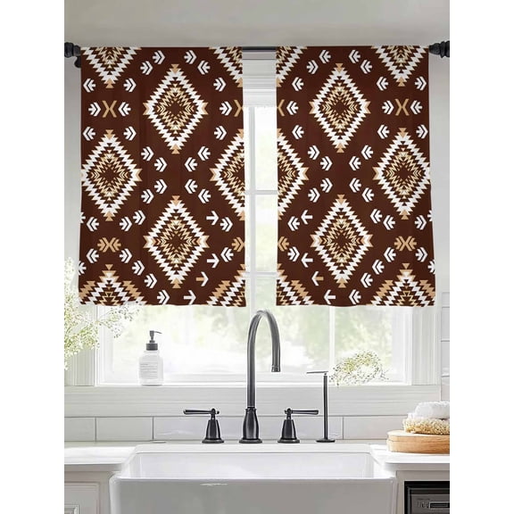 Dark Brown Rectangle Sheer Curtains 45 inches Long, Tribal Retro Classic Geometric Abstract Light Filtering Sheer Window Curtains Rod Pocket Voile Drapes for Bedroom Living Room, 2 Panels