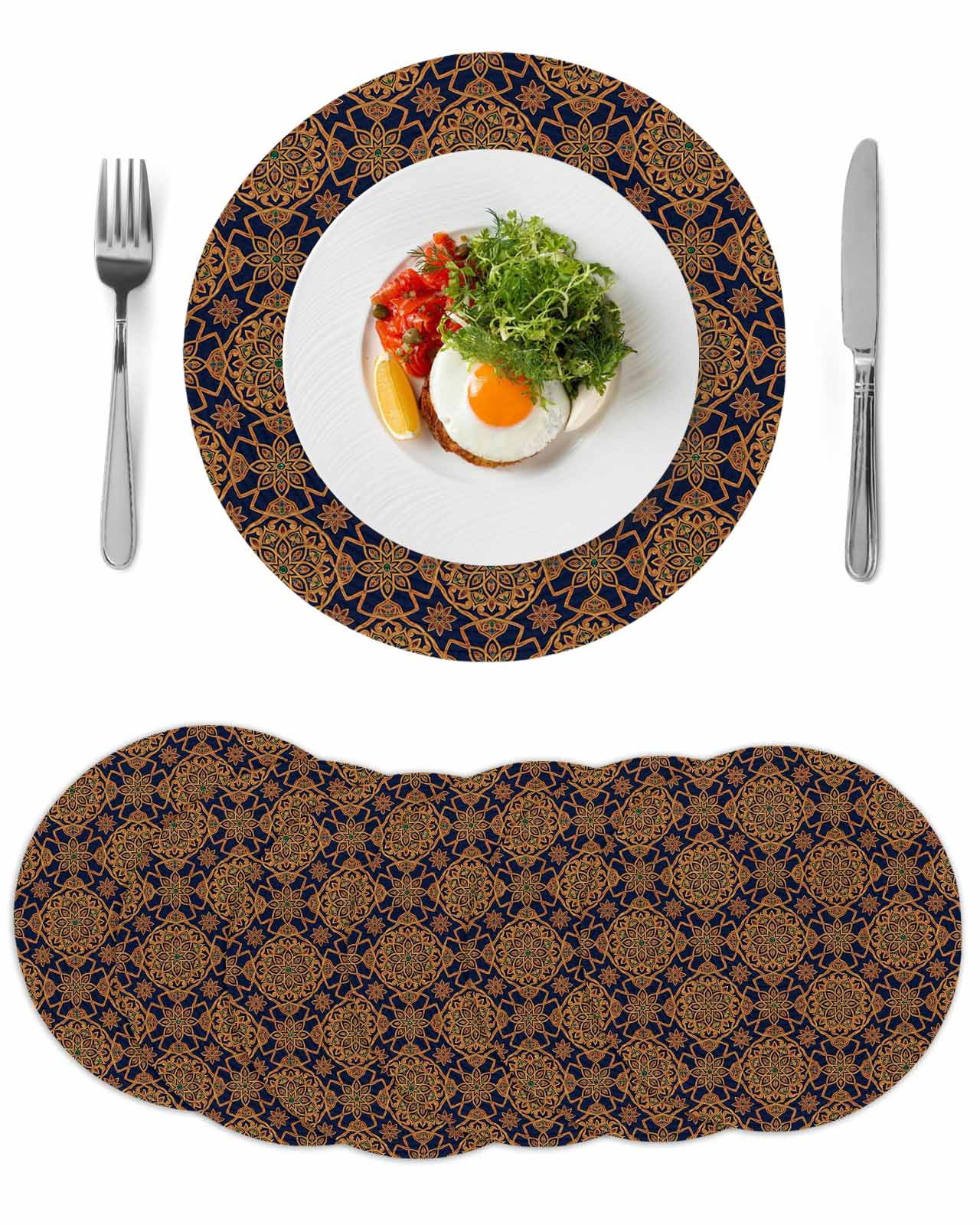 Dark Brown Round 13 Inch Placemats Set of 6, Vintage Abstract Flowers ...