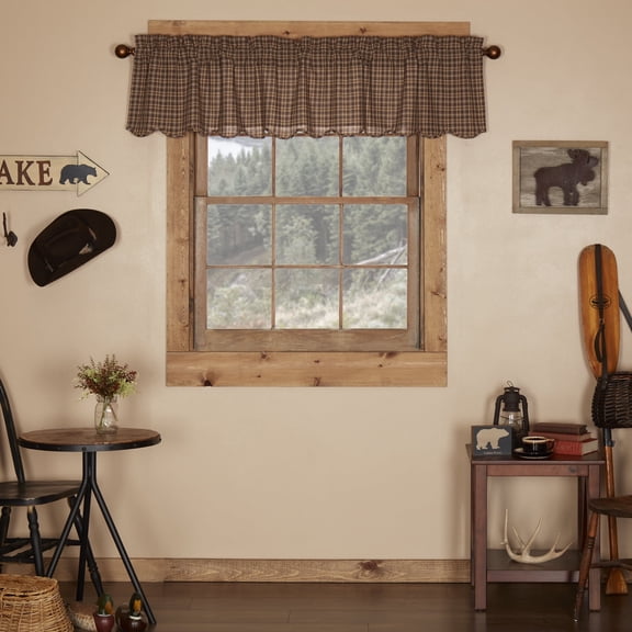 VHC Brands Prescott Rustic 16"x72" Valance Brown Rod Pocket Cotton Plaid Kitchen Window Curtains