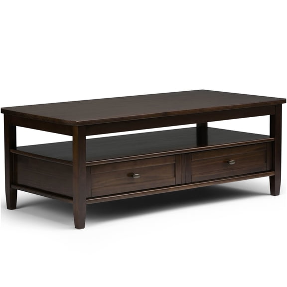 Dark Brown Shaker Style Coffee Table with Storage Drawers and Shelf, Solid Wood Cocktail Table for Living Room, Family Room, Den