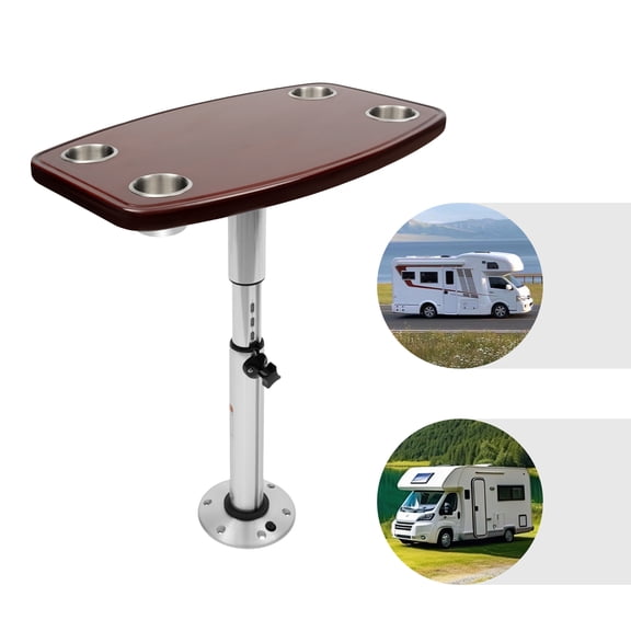 Dark Brown Silver RV Table with 4 Cup Holders, 55.12Lbs Load Height Adjustable Freestanding Table for Motorhome Yacht