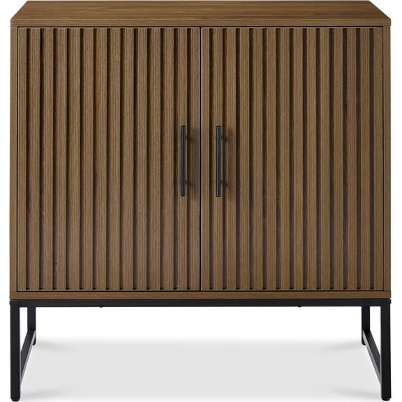 Dark Brown Slatted Wood Sideboard Cabinet With Matte Black Metal Legs And Handles