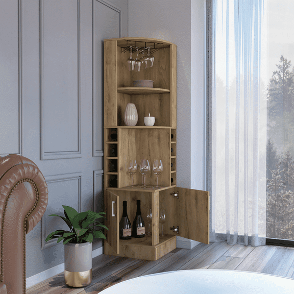 Dark Brown Space-Saving Bar Cabinet with 8 Wine Cubbies & Double Doors - Ideal for Home Bars & Small Spaces