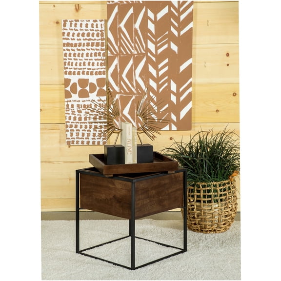 Dark Brown Square End Table with Removable Tray, Modern Accent Table with X-Base for Living Room, Bedroom