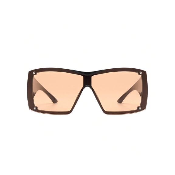Dark Brown Square Sunglasses with Rivet Detail, UV400 Protection Light Brown Lens Shades, Trendy Fashion Sunglasses for Daily Wear