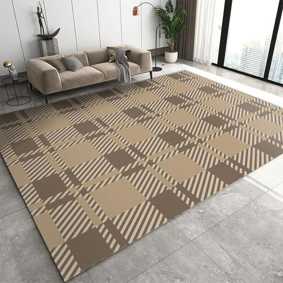 Dark Brown Stripe Checkered Printing Rug ,Retro Abstract Modern Decorative Rug ,Anti-Slip Stain Resistant Rug ,Apply To Living Room Dining Room Bedroom Dormitory Office 5x7ft