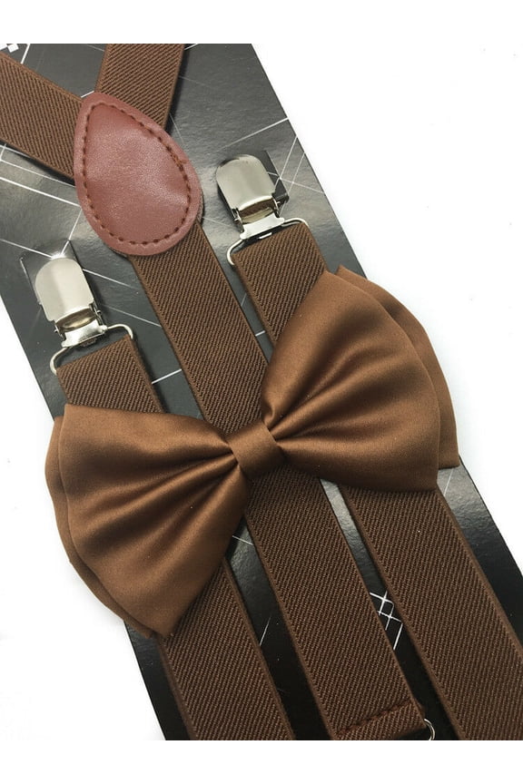 Dark Brown Suspender + Clip on Bow-Tie Matching Set for Adults Men Women