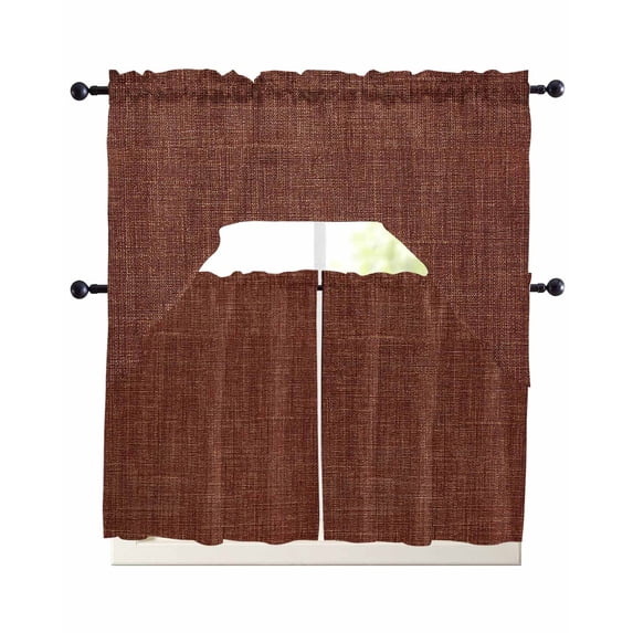 Dark Brown Swag Curtains for Living Room/Bedroom Windows, Vintage Country Monochrome Chocolate Color Kitchen Curtains and Valances Set 36 Inch Length, Light Filtering Swags Valance Curtain Panels