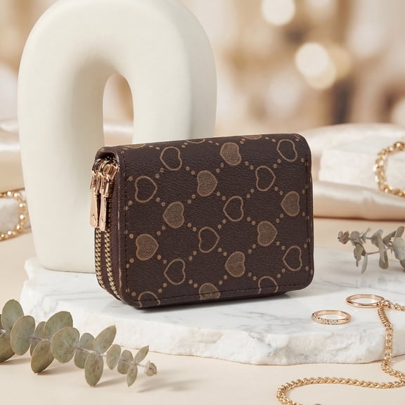 Dark Brown SweetHeart Zip Mini Wallet – Compact Double-Zipper Card & Coin Holder