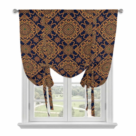 Dark Brown Tie Up Curtains for Windows, Adjustable Balloon Window Shades, Vintage Abstract Flowers Pattern Kitchen Window Treatments Adjustable Roll Up Curtain for Basement/Nursery 52"x45"