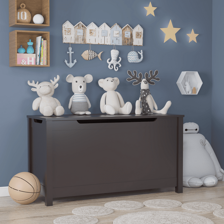 Dark Brown Toy Chest for Boys Girls Wooden Storage Bench Seat with Safety Hinge Lid Kids Toy Box Organizer Modern Storage Furniture for Entryway