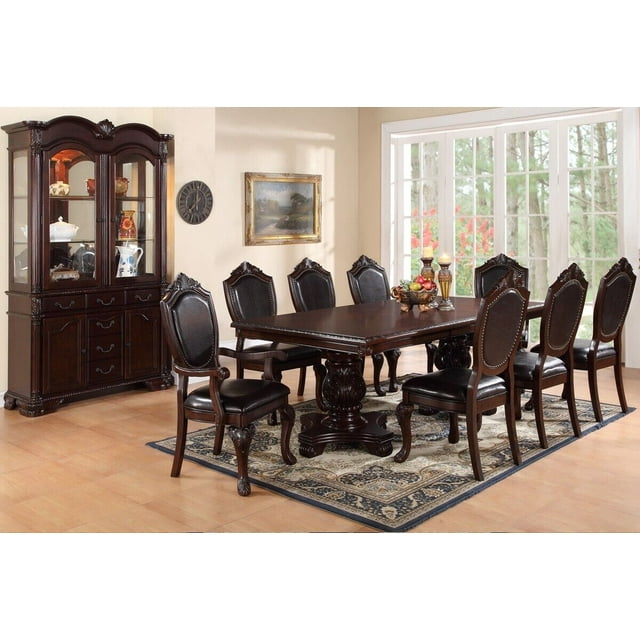 Dark Brown Traditonal Kitchen Dining Room 9pc Set Dining Table w Leaf ...