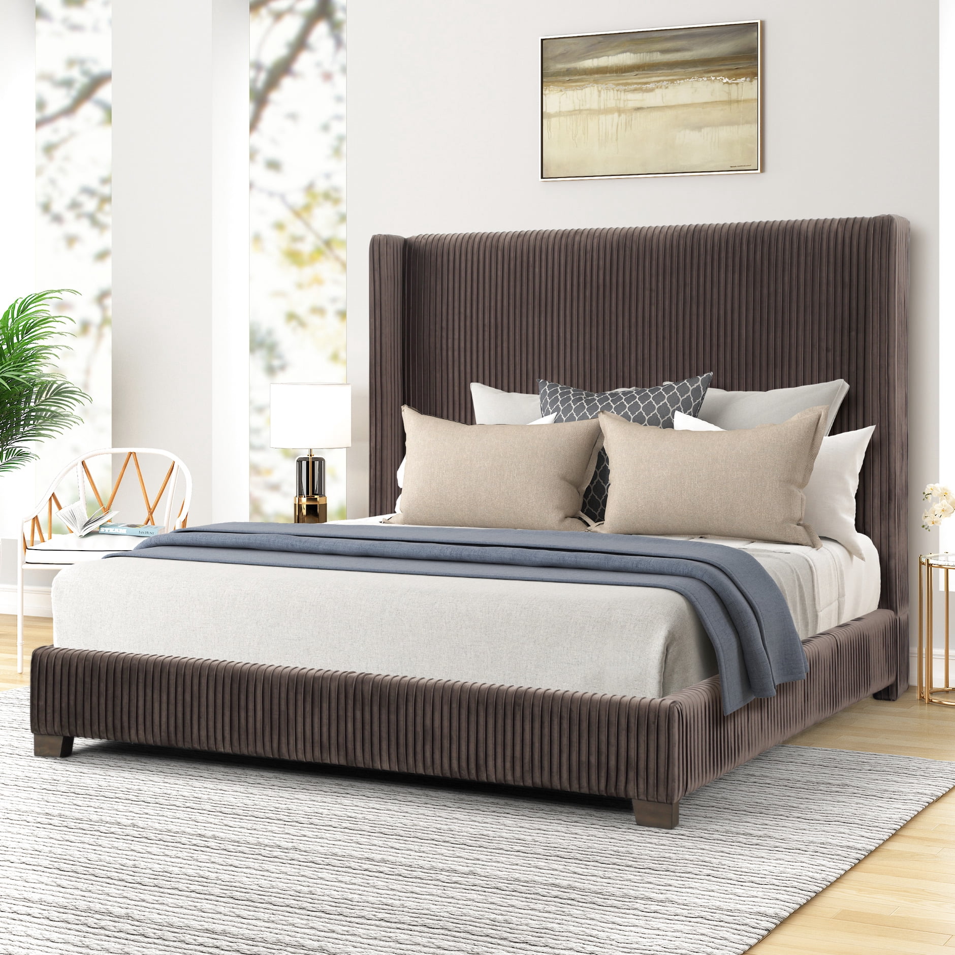 Dark Brown Upholstered Queen Bed In A Box, Pleated Flower Pattern ...