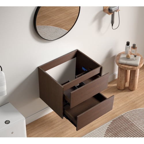 Dark Brown Wall-Mounted Bathroom Vanity, Easy-Assemble With Video Guide, Soft-Close Drawer (Premium Slides), Sturdy Wood Construction