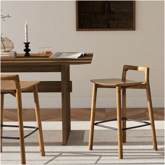 Dark Brown Walnut Wood Counter Stool, 26.5 Inch Minimalist Low Back Bar Stool for Kitchen Island, Iron Footrest, Modern Dining Stool