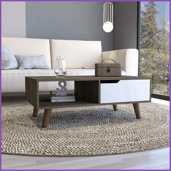 Dark Brown/White Coffee Table with Drawer & Open Shelf, Spacious Superior Top for Space-Saving Living Room