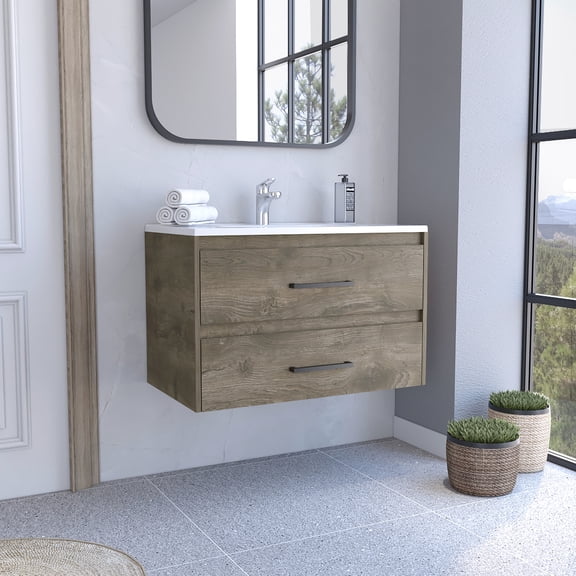 Dark Brown/White Floating Vanity Sink with Ample Drawer Storage for Master Bathroom