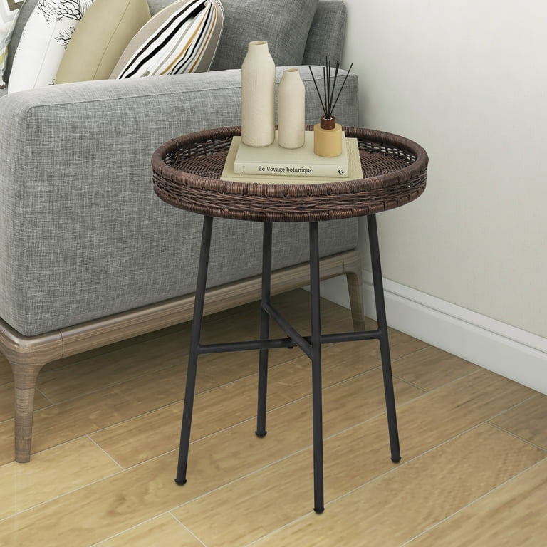 ABBLE Dark Brown Wicker Round End Table with Matte Black Metal