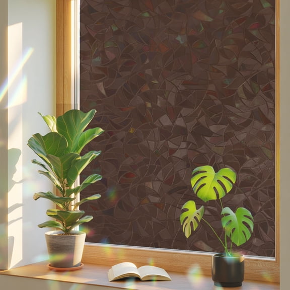 Dark Brown Window Privacy Film, Brown Solid Color Background Autumnal Dark Academia Stained Glass Rainbow Film Decorative Window Clings, Static Cling Sun Blocking Stickers 17.7" x 39.3"