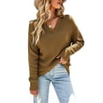 thumbnail image 1 of Dark Brown Women's V-Neck Sweater, Loose & Breathable Thermal Knit Long Sleeve Pullover for Winter, Size M, 1 of 8