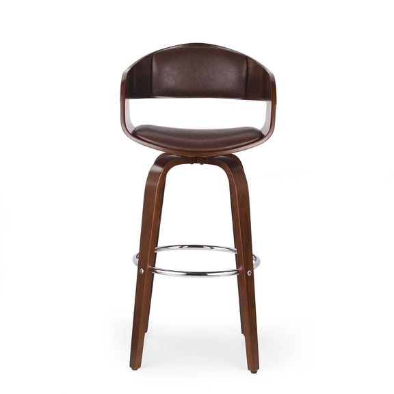 Dark Brown Wood Bar Stools Set of 2, 30 Inch Counter Height Swivel Barstools with Faux Leather Seat, Mid-Century Modern Dining Chairs for Kitchen Island