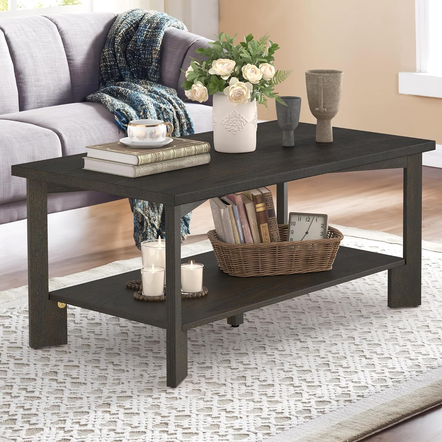 Dark Brown Wood Coffee Table,39" Rectangle Coffee Table Rustic Coffee ...