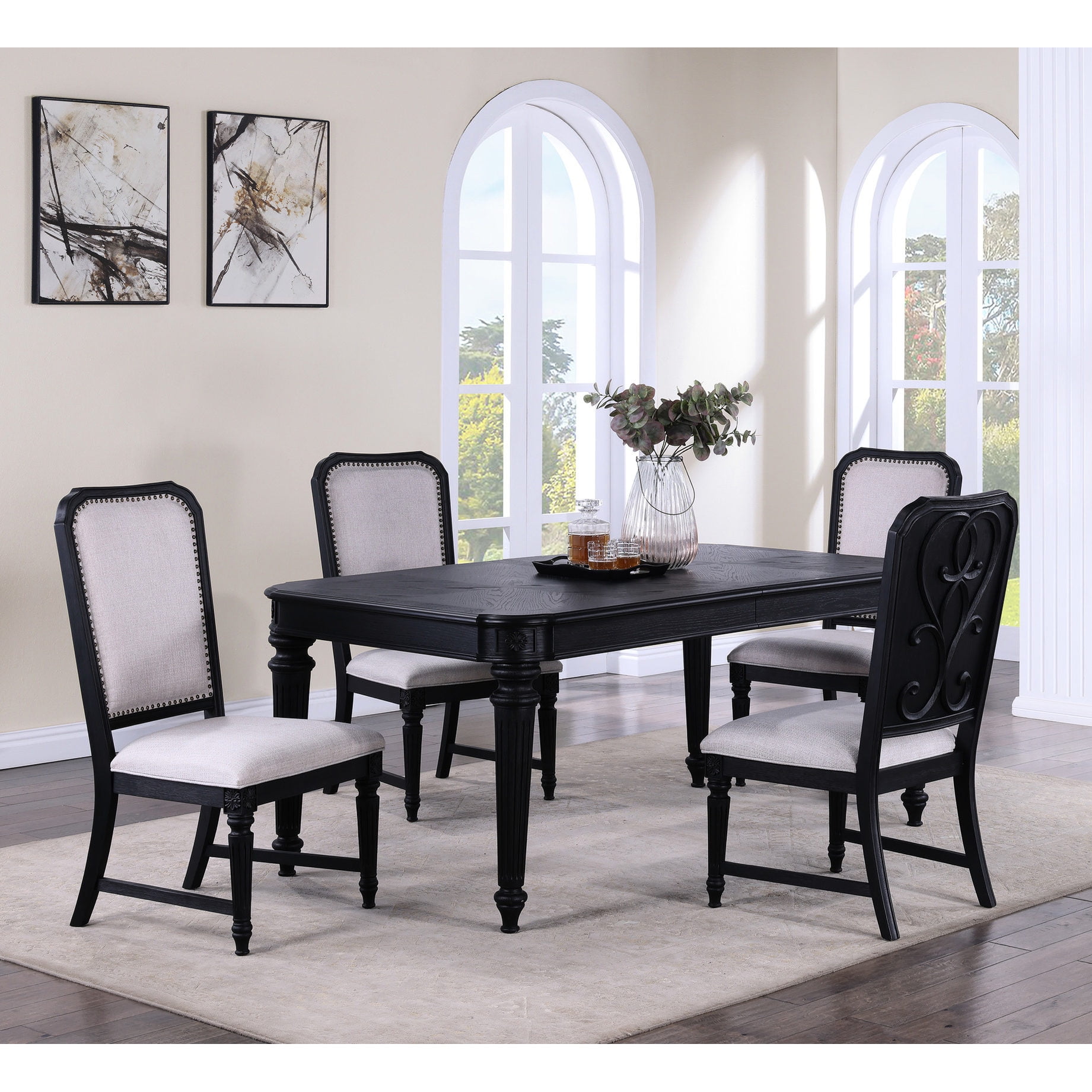Dark Brown Wood Dining Table+Upholstered Chairs with Carved Legs"-"Family Dinners/Formal Events ...