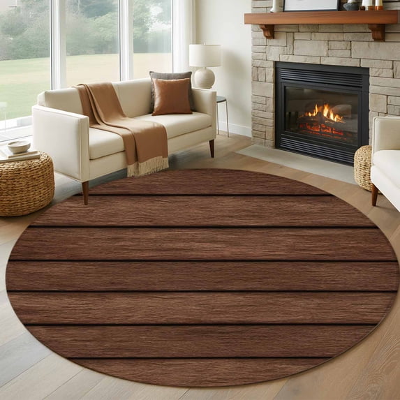 Dark Brown Wooden 8' Round Area Rug, Vintage Western Country Wooden Board Washable Non-Slip Large Circle Rugs for Living Room Bedroom, Soft Low Pile Rug Carpet for Dining Room Kitchen Farmhouse