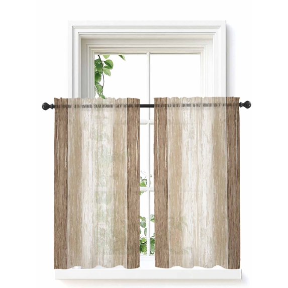 Dark Brown Wooden Curtains 45 Inch Length,Sheer Curtains for Bedroom Living Room Window Farmhouse Vintage Distressed Rustic Rod Pocket Voile Drapes Kitchen Curtains Small Half Window 42"x45" 2 Panels