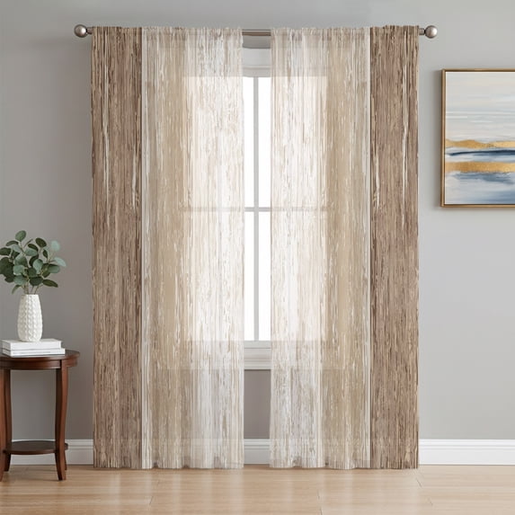 Dark Brown Wooden Sheer Curtains 84 Inches Long, Farmhouse Vintage Distressed Rustic Light Filtering Window Curtains for Living Room, Rod Pocket Voile Sheer Curtain Drapes, 52"W x 84"L, 2 Panels