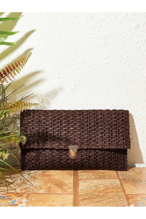 Dark Brown Woven Raffia Clutch Bag For Women Evening Beach