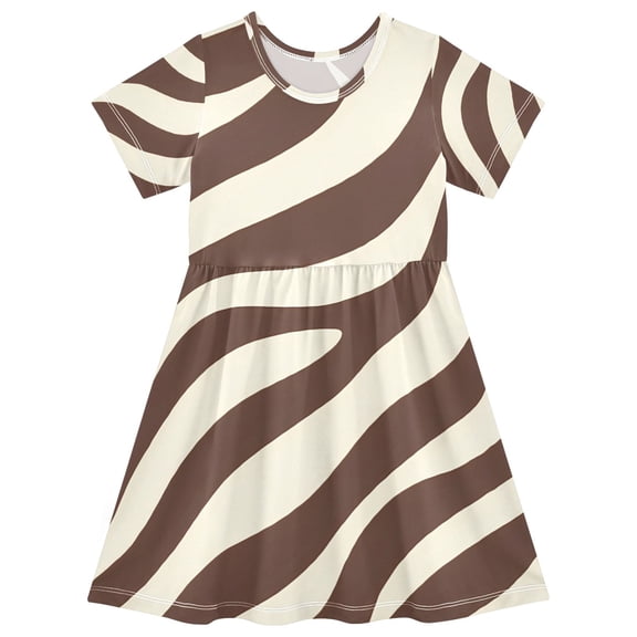 Dark Brown Zebra Pattern Girls Short Sleeve Dress A Line Sun Protection Breathable Comfort Sundress 2T
