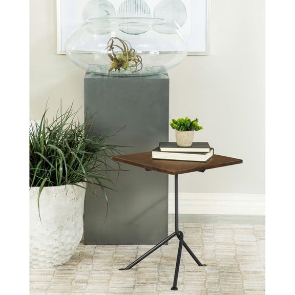 Dark Brown Accent Table with Tripod Legs, Gunmetal Metal Frame 20 H x 15.75 W x 15.75 D