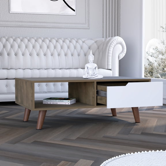 Dark Brown/white Coffee Table 2.0 Bull, 4 Legs, One Drawer Feature Brown White, Legs Design