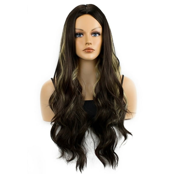 Dark Brown with Blonde Highlights Long Wavy Wig for Women - Heat Resistant Synethetic Fiber Wig for Daily Wear, Cosplay & Parties