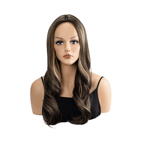 Dark Brown with Blonde Long Wavy Wig for Women, Heat Resistant Synethetic Fiber Wig for Daily Wear