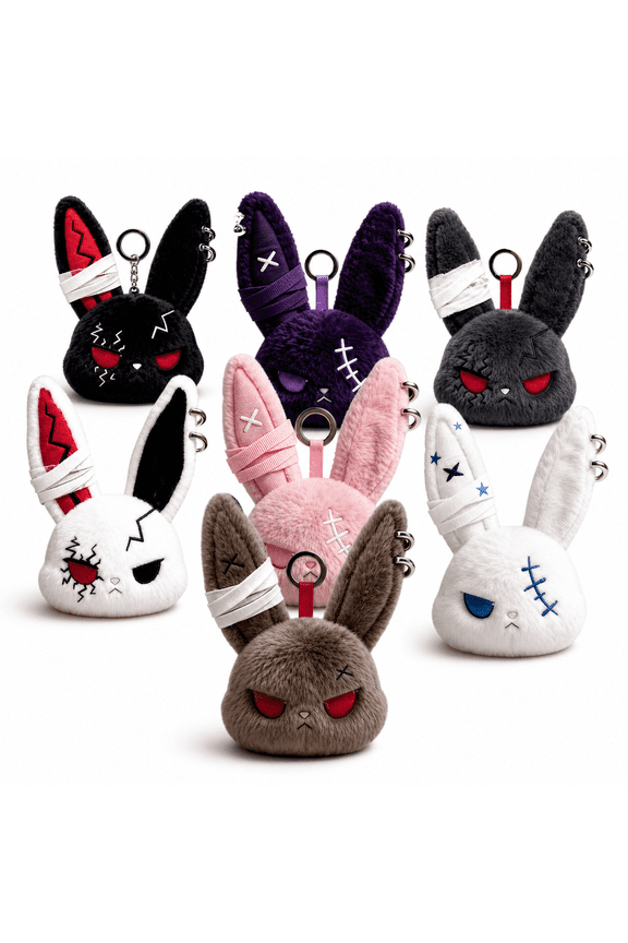 Dark Bunny Plush Keychain, Goth Rabbit Bag Charm with Metal Key Ring for Purse, Backpack, Tote Bag and Alternative Accessories