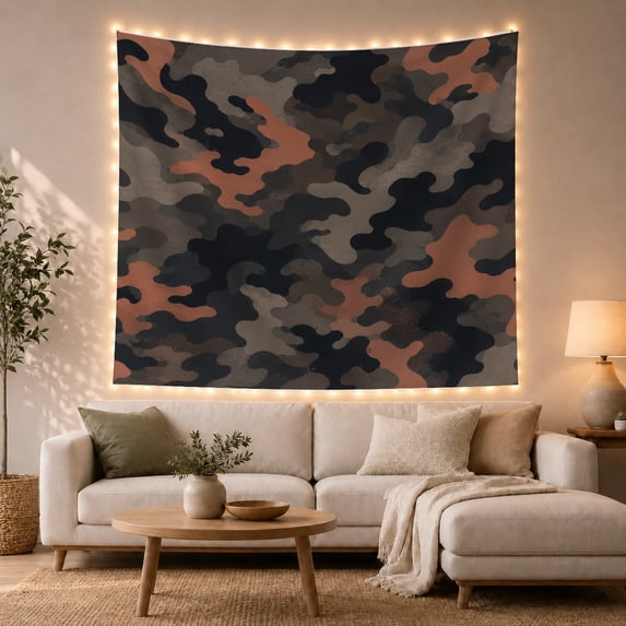 Dark Camouflage Blobs Across an Organic Layered Field, Moody Abstract for Art Lovers, Earth Tone Wall Art, Housewarming Gift, Tapestry Wall Hanging for Den and Man Cave