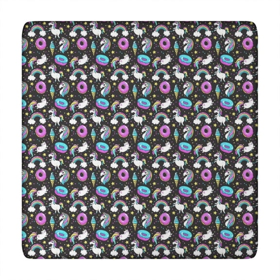 Dark Cartoon Unicorn Donut Ice Cream Pattern Square Fitted Tablecloth with Elastic Edge,Square Table Cover,Washable Elastic Table Cover for Home Kitchen Party Decor 34"x34"