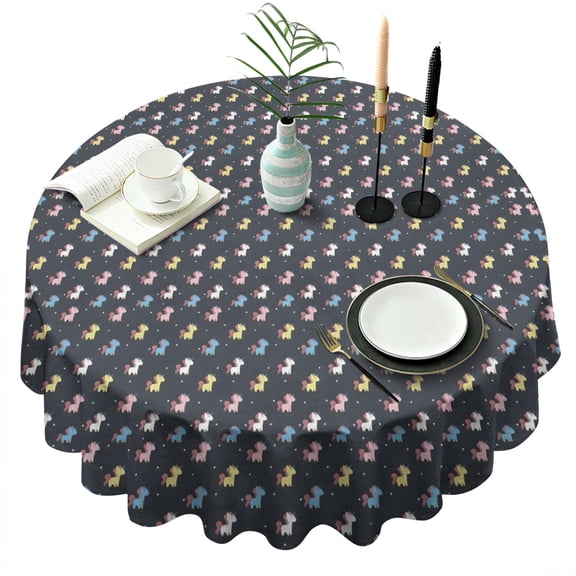 Dark Cartoon Unicorn Pattern Round Tablecloth 60"x60",Wrinkle Wipeable Table Cloth for Kitchen Dining Room Picnic Patio Party