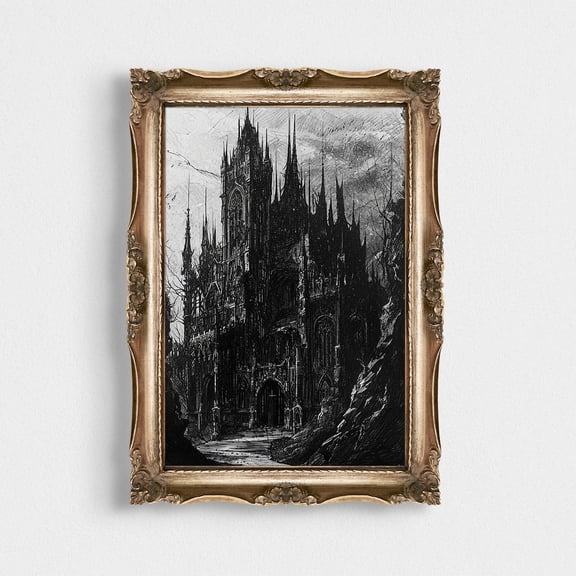 Dark Castle, Vintage, Art Poster, Gothic Home Decor, Dark Academia, Wall Art, Black And White Artistry, 12x18 UNFRAMED
