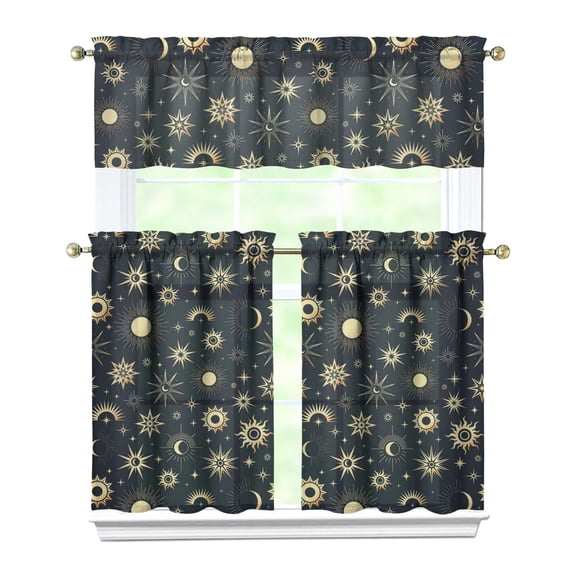 Dark Celestial 3-Piece Kitchen Curtains - Lunar Eclipse Valance & Constellation Tier Panels, Aesthetic Rod Pocket Window Treatments (Farmhouse Style)