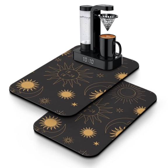 Dark Celestial Coffee Mat, Absorbent Dish Drying Pad with Gothic Moon & Star Patterns, Leak-Proof Non-Slip Kitchen Counter Mat for Coffee Bar Use
