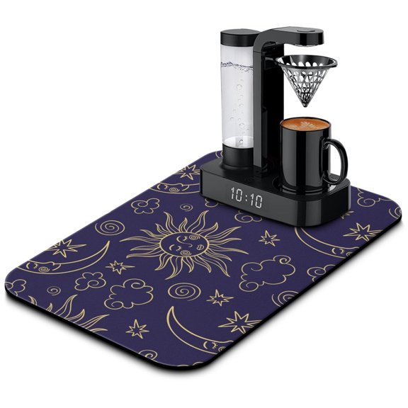Dark Celestial Coffee Mat, Absorbent Dish Drying Pad with Gothic Moon & Star Patterns, Leak-Proof Non-Slip Kitchen Counter Mat for Coffee Bar Use
