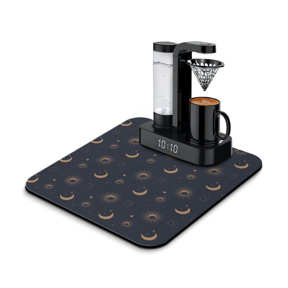 Dark Celestial Coffee Mat, Absorbent Dish Drying Pad with Gothic Moon & Star Patterns, Leak-Proof Non-Slip Kitchen Counter Mat for Coffee Bar Use