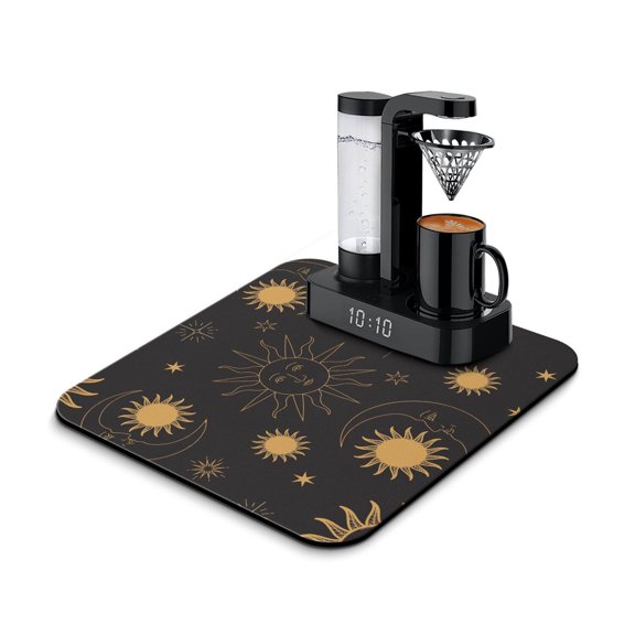 Dark Celestial Coffee Mat, Absorbent Dish Drying Pad with Gothic Moon & Star Patterns, Leak-Proof Non-Slip Kitchen Counter Mat for Coffee Bar Use